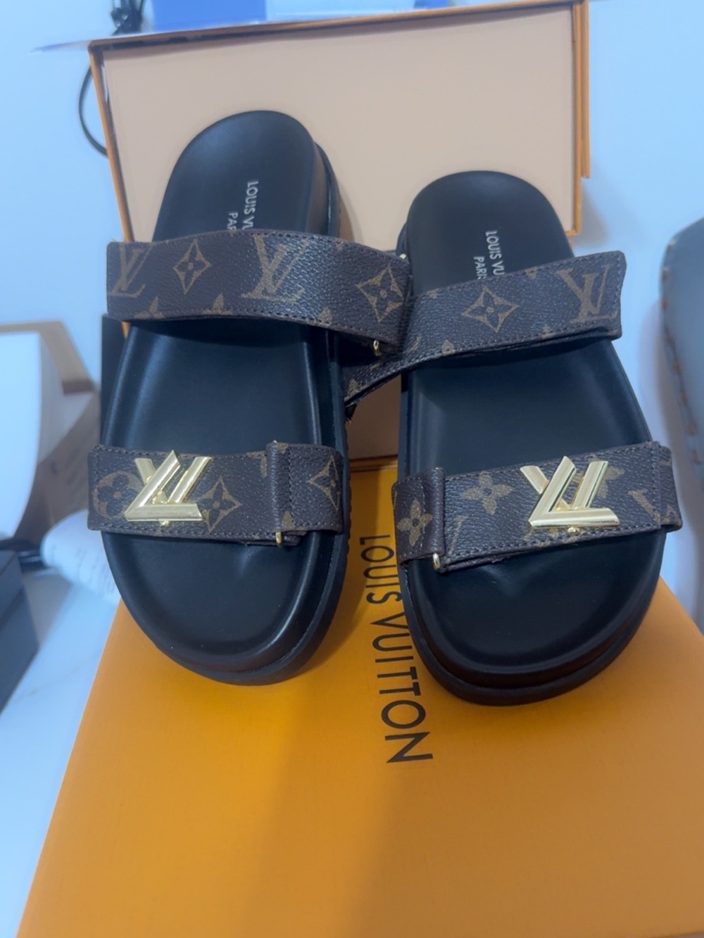 Louis Vuitton Brown Monogram LV Buckle Slide Sandals